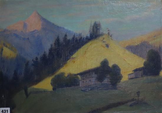 Attributed to Herbert Finney, oil on canvas laid on board, Alpine landscape in summer, 38 x 54cm, unframed